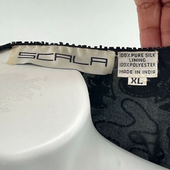 Vintage SCALA Silk Beaded Sequin Evening Glam Jacket Black Open Front XL - Picture 12 of 16